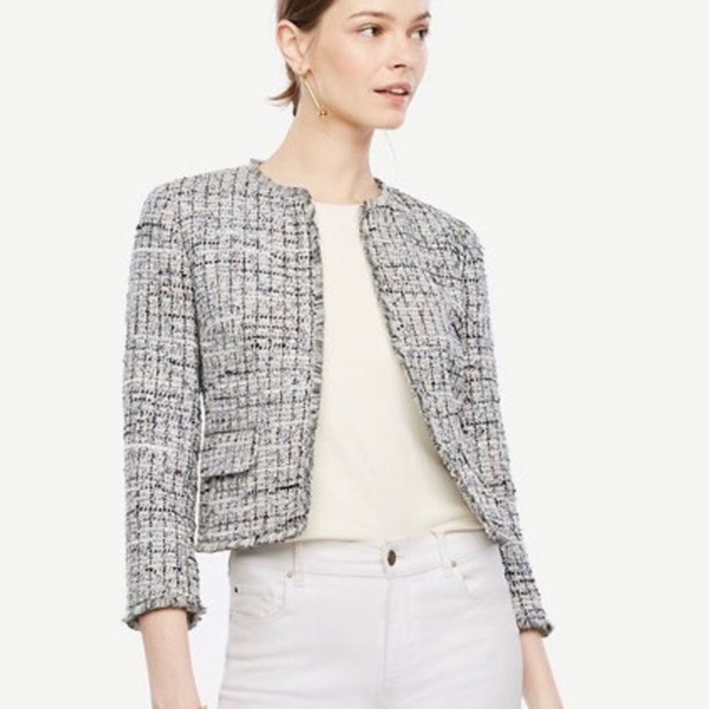 Ann Taylor Grid Fringe Tweed Open Jacket
